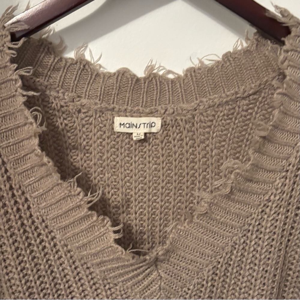 Women’s Distressed Long Sleeve Sweater By MainStrip, Tan/Beige, V Neck, Medium - Picture 6 of 7